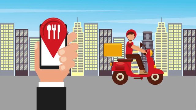 ordering online man in scooter food delivery city animation hd