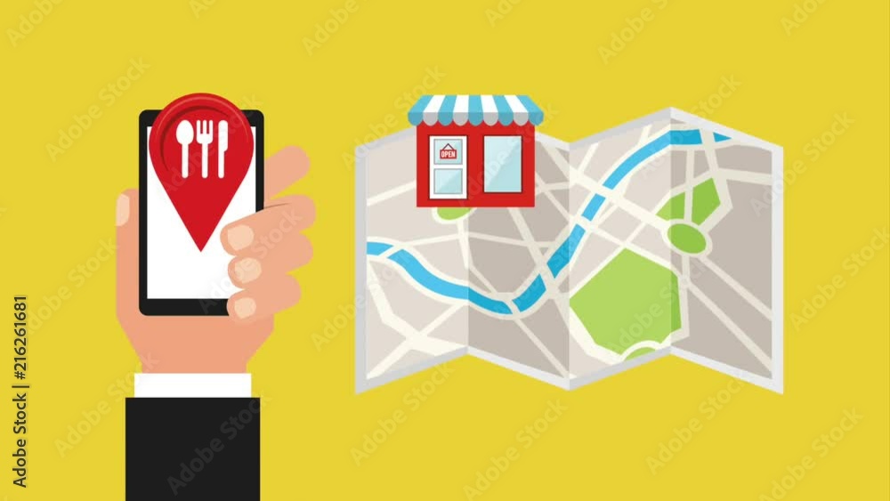 Poster hand with cellphone pointer location restaurant map food delivery animation hd