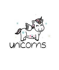 Beautiful background with a pattern unicorn with stars and inscription unicorn on white background