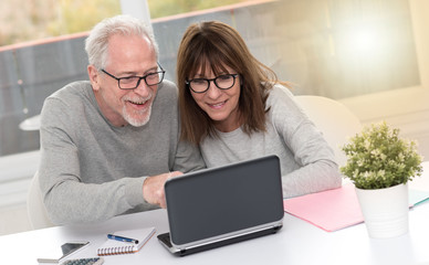 Happy mature couple having a good surprise on laptop, light effect
