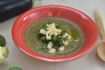 cream soup, broccoli, eggplant, zucchini in a red plate, with olive oil, parsley, cheese