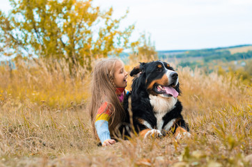 girl lies next to big dog on autumn walk Berner Sennenhund