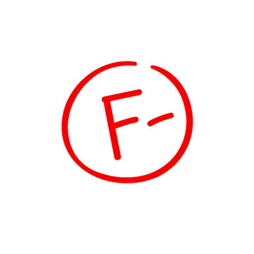F minus examination result grade red latter mark.