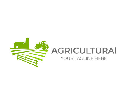 Agricultural, Agriculture And Farming With Farm And Tractor On Field, Logo Design. Agribusiness, Eco Farm, Barn With Silo In Rural Country, Vector Design. Farm Industries And Agronomy, Illustration