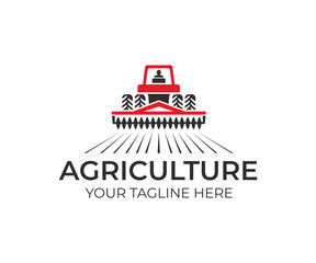 Agriculture and farming with tractor with cultivator and plow, logo design. Agribusiness, eco farm and rural country, vector design. Farm industries and agronomy, illustration © artsterdam