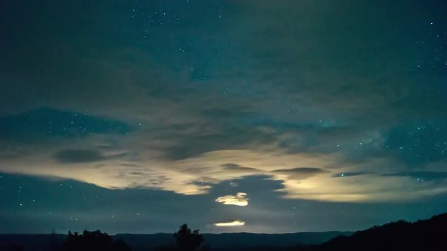 The Milky Way is moving across the sky behind the clouds, time-lapse (the northern hemisphere of the Earth, June 2018)