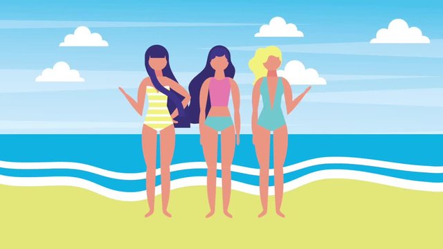 group women with swimsuits in the beach animation hd