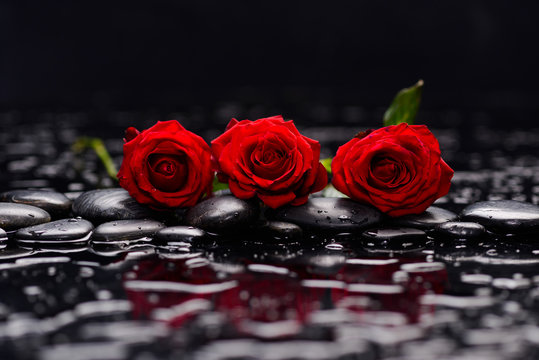 Three red rose and therapy stones