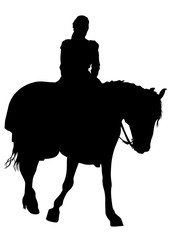 Horsewoman in an old suit on a horse on a white background