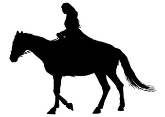 Horsewoman in an old suit on a horse on a white background