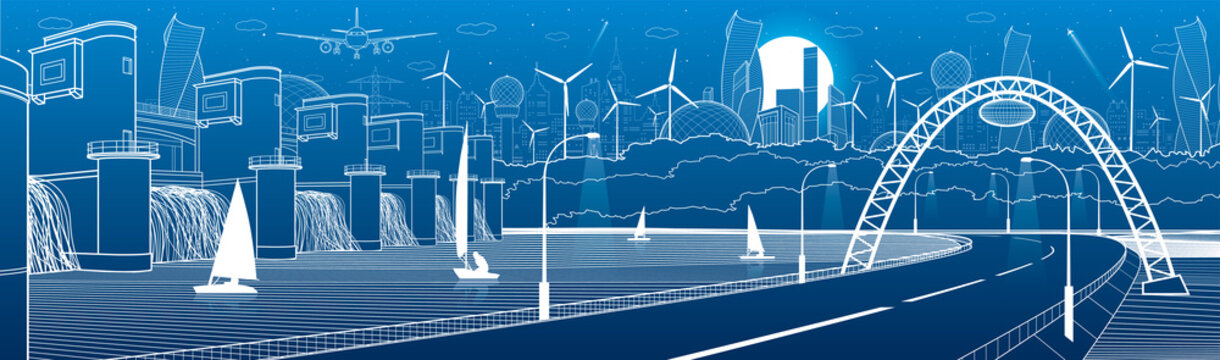 City infrastructure industrial and energy illustration panorama. Hydro power plant. River Dam. Automobile road. Illuminated highway. White lines on blue background. Vector design art