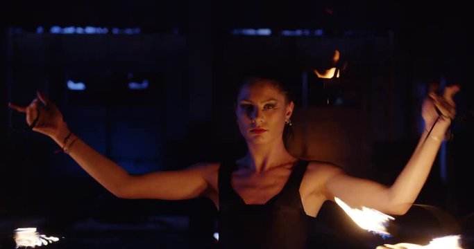 Female Dancer Juggling Fire In Darkness Danger Risk Professional Stunt Low Light Slow Motion 8k Red Epic
