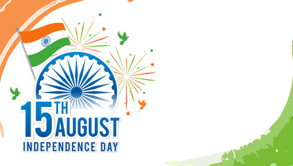 August 15th, Indian Independence Day Vector illustration. Fireworks, Indian flag and Ashoka chakra wheel with copy space.
