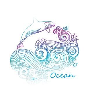vector Beautiful background with a pattern of ocean waves swirling and a whale with an iridescent color on a white background