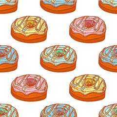 Colored Seamless Pattern with Doughnuts in Hand-Drawn Style