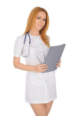 Female doctor in white medical clothes with stethoscope in hands