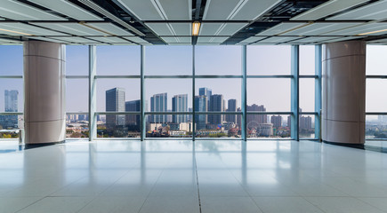 Panoramic skyline and buildings from glass window