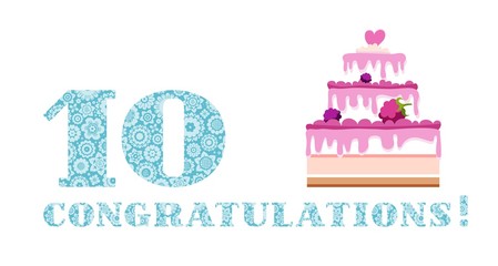 Anniversary greetings, 10 years, berry cake, English, white, blue, vector. Happy anniversary. Big berry cake and the number 10 on a white background. The inscription in English 