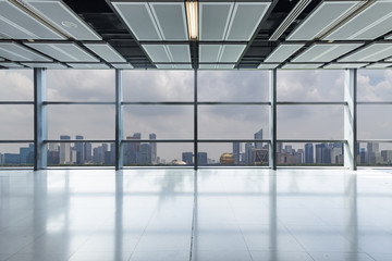 Panoramic skyline and buildings from glass window