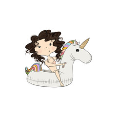 Brunette Hair Girl On An Inflatable Unicorn Isolated On A White Background Hand Drawn Illustration 