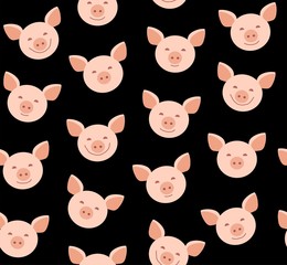 Funny piglets, seamless pattern, black, vector. Face pink pigs on a black background. Vector flat pattern. Pigs are laughing, different emotions.  