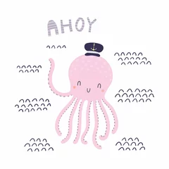 Sierkussen Hand getekende vectorillustratie van een leuke grappige octopus matroos in kapitein cap, zwaaien, met tekst Ahoy. Geïsoleerde objecten op een witte achtergrond. Scandinavische stijl plat ontwerp. Concept kids, kinderkamer print. © Maria Skrigan