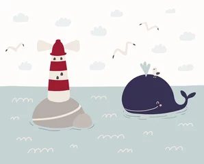 Fotobehang Illustraties Hand getekende vectorillustratie van een leuke grappige walvis zwemmen in de zee, vuurtoren, meeuwen, wolken. Scandinavische stijl plat ontwerp. Concept voor kinderen, kinderkamer print.