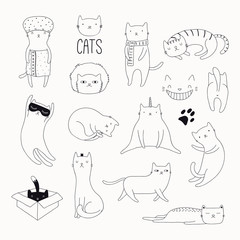 Ensemble de griffonnages noirs et blancs drôles mignons de différents chats. Objets isolés. Illustration vectorielle dessinés à la main. Dessin au trait. Concept de design pour affiche, t-shirt, impression de mode.