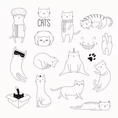 Foto op Aluminium Set van leuke grappige zwart-wit doodles van verschillende katten. Geïsoleerde objecten. Hand getekend vectorillustratie. Lijntekening. Ontwerpconcept voor poster, t-shirt, fashion print. © Maria Skrigan