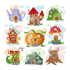 Obraz na płótnie Canvas Fantasy house vector cartoon fairy treehouse and magic housing village illustration set of kids fairytale pumpkin or stone playhouse for gnome isolated on white background