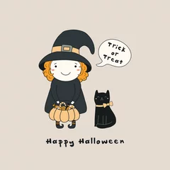 Keuken spatwand met foto Hand drawn vector illustration of a kawaii funny witch, cat, with text Happy Halloween, Trick or treat in a speech bubble. Isolated objects. Line drawing. Design concept for print, card, invitation. © Maria Skrigan