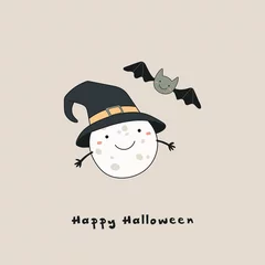 Keuken spatwand met foto Hand drawn vector illustration of a kawaii funny moon in a witch hat, bat, with text Happy Halloween. Isolated objects. Line drawing. Design concept for print, card, party invitation. © Maria Skrigan