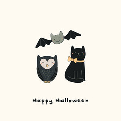 Hand drawn vector illustration of a kawaii funny owl, black cat, bat, with text Happy Halloween. Isolated objects. Line drawing. Design concept for print, card, party invitation.