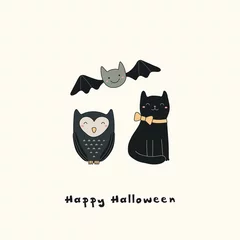 Foto op Aluminium Hand drawn vector illustration of a kawaii funny owl, black cat, bat, with text Happy Halloween. Isolated objects. Line drawing. Design concept for print, card, party invitation. © Maria Skrigan