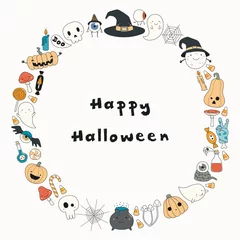 Zelfklevend Fotobehang Hand drawn vector illustration of a kawaii funny Halloween wreath, with pumpkins, ghosts, candy, witch hat, moon, text. Isolated objects. Line drawing. Design concept for print, card, invitation © Maria Skrigan