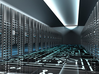 Server room in datacenter Hosting services 3d render - obrazy, fototapety, plakaty