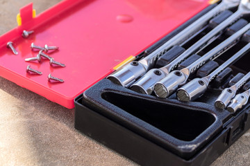 set of socket wrenches in a case, close up, selective focus