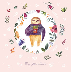 Watercolor illustration with cute sloth in floral circle and pink background
