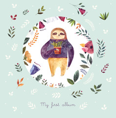 Watercolor illustration with cute sloth in floral circle