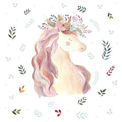 Vintage illustration with cute unicorn and flowers