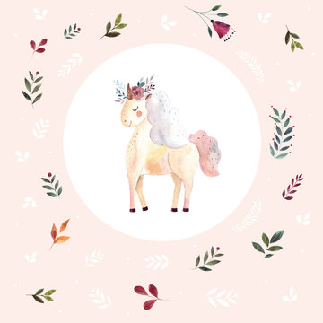 Iillustration with little watercolor unicorn and floral elements