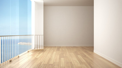 Empty interior with parquet floor and big panoramic window. Sea ocean panorama with blue sky in the background. Eco house interior design