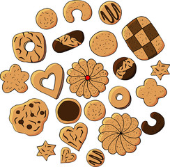 cookies pattern. hand drawn illustration. Bright cartoon illustration for children's greeting card design, menu, fabric and wallpaper.