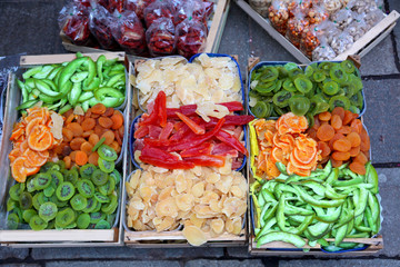 dried fruit boxes for sale in the exotic fruit market with kiwi