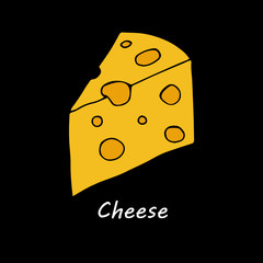 cheese on black background. Hand drawn cartoon illustration for menu card design