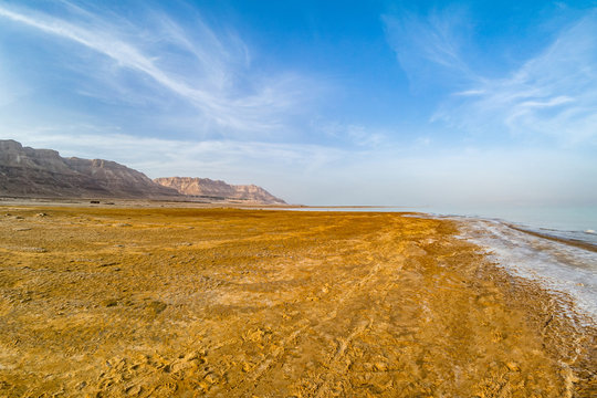 Salty coast of the Dead Sea.