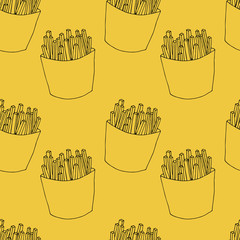 Seamless pattern of french fries in cartoon style. Hand drawn illustration for menu design, fabric and wallpaper