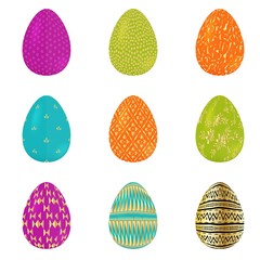 Set of colorful realistic easter eggs decorated golden stripes, dots and flowers.