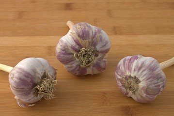 Fresh garlic head On the background of a wooden board texture