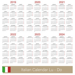Italian calendar 2019 - 2024 / Italian calendar week starts on Monday, simple calendar template for 2019, 2020, 2021, 2022, 2023 and 2024, printable calendar templates, vector illustration